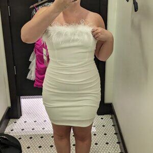 Emerald Sundae White Bodycon Mini Dress with Feather Trim